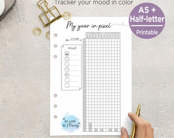 My Year in Pixels | Mood Tracker Printable | Mental Health Journal | Self Care Planner | Yearly Emotion Tracker A5 binder & half page PIBJ