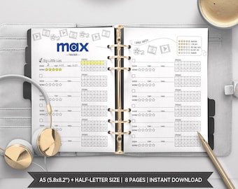 May include: A black and white printable planner for tracking TV shows and movies. The planner has a title that says "max tracker" and includes a section for "Big Little Lies" with a rating system and space to track episodes. The planner is designed for A5 (5.8x8.2 inches) and half-letter size.