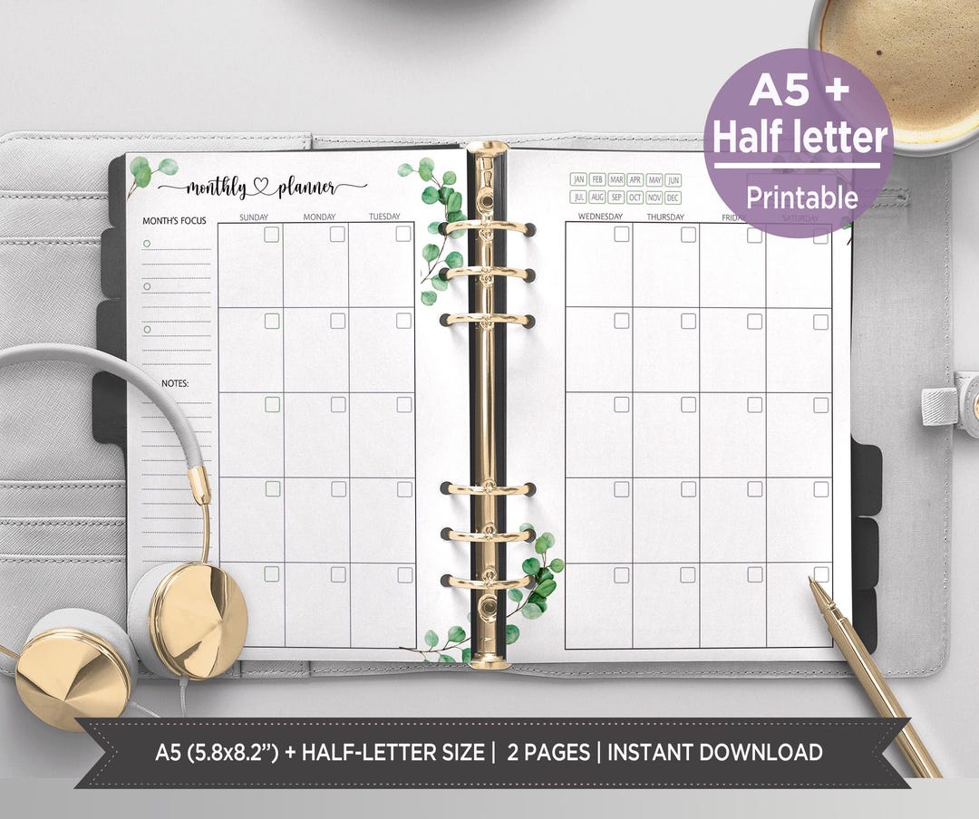 Monthly Calendar A5 Planner Inserts | Month on 2 Pages Printable ...