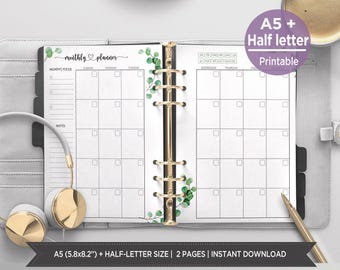 Eucalyptus Monthly Planner Inserts | Month on 2 Pages | Botanical Watercolor Calendar | A5 & Half-Letter. PIED