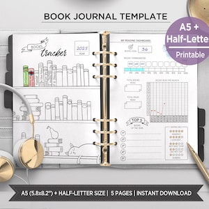 Reading Journal Printable | Book Tracker & Reading Log Planner Inserts | Book Review and Reading Challenge | A5 binder + half-page. ERT