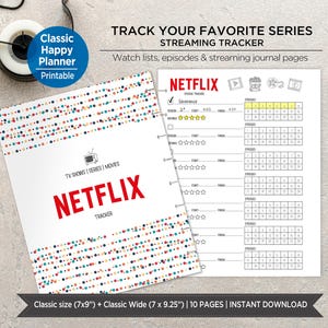 Planeringsinlägg för streaming-tracker | Sidor för serier och filmer för klassisk Happy Planner | Utskrivbar visningslista och avsnittstracker. EST