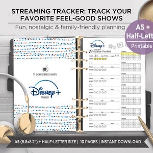 Utskrivbar streamingtracker | Planerare för familje-TV-program A5 + halvt brev | Titta på lista, avsnittstracker och planeringsinlägg. EST
