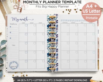 May include: Open monthly planner template with a floral design on the binding. The planner includes a calendar layout with space for notes. The text on the planner reads "Monthly Planner Template" and "Fits Big Happy Planner". The planner is A4 (8.3 x 11.7 inches) and Letter (8.5 x 11 inches).