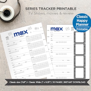 Könnte beinhalten: Ein weißer, bedruckbarer Serien-Tracker mit dem Wort "max" in Blau. Der Tracker enthält Abschnitte für Fernsehsendungen, Filme und Rezensionen. Der Text "Classic Happy Planner Printable" befindet sich in einem blauen Kreis. Größe: 17.78cm x 22.86cm und 17.78cm x 23.5cm.