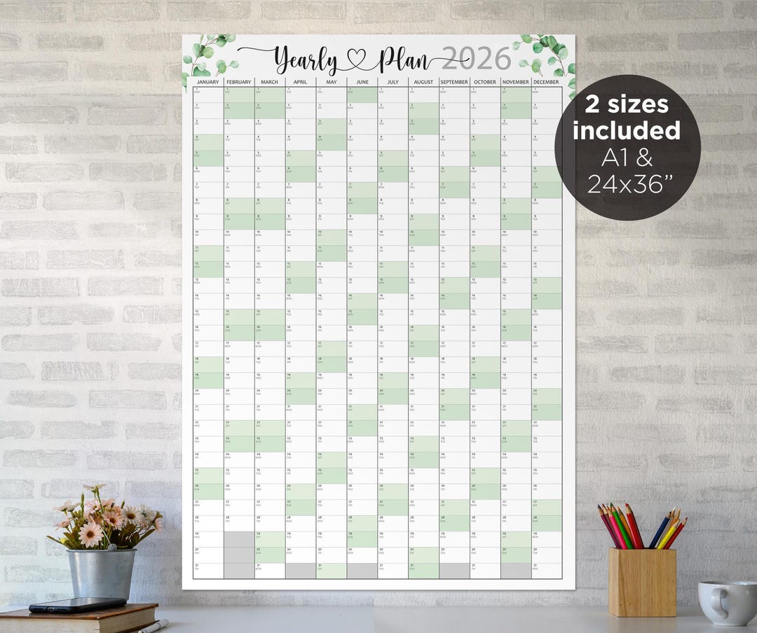 2026 Yearly Planner Eucalyptus Art | Giant Wall Calendar 2026 Printable ...