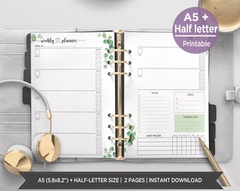 Eucalyptus Weekly Planner Inserts | Week on 2 Pages | Botanical Watercolor Layout | A5 & Half-Letter. PIED