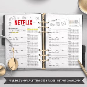 Rastreador de series imprimible, rastreador de programas de TV, lista de deseos de temporadas y episodios, cuadro de entretenimiento A5 + media carta para Filofax - EST