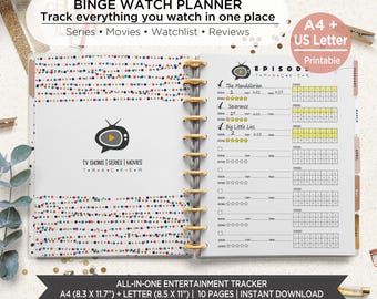 Binge Watch Planner Printable | TV Shows, Series and Movie Tracker, Watchlist + Review Pages | A4 & Letter Planner Inserts PDF. EST