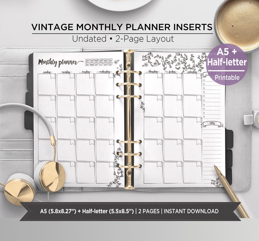 Monthly Planner Inserts Vintage A5 Half Letter | 2 Page Monthly Layout ...