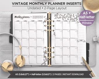 Monthly Planner Inserts Vintage A5 Half Letter | 2 Page Monthly Layout Printable | Bullet Journal Style Planner Pages Undated. PIBJ
