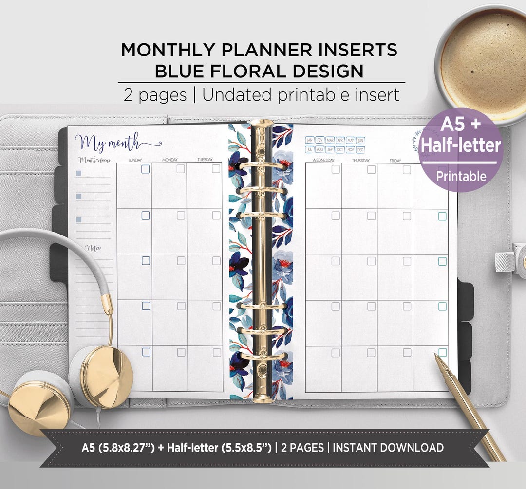 Blue Floral Monthly Planner Inserts Printable | Undated Monthly ...