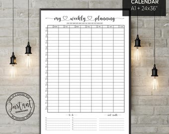 Minimalist Weekly Wall Planner with Time Slots | Hourly Schedule Printable 24x36 & A1 | Wall Calendar