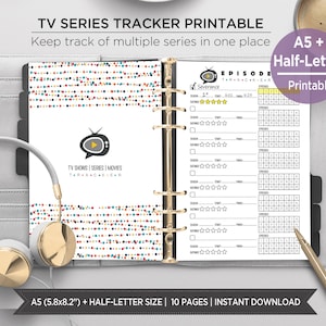 May include: A gray planner with a gold binder, open to a TV series tracker. The tracker has a TV graphic and the text "TV SERIES TRACKER PRINTABLE". The planner includes a section to track episodes and ratings. A gold pen and headphones are also visible.