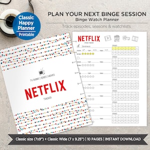 May include: A Netflix binge watch planner printable with a white background, colourful confetti-style dots, and red text. The layout includes sections for tracking TV shows, series, and movies, featuring episode grids, season details, and star ratings.