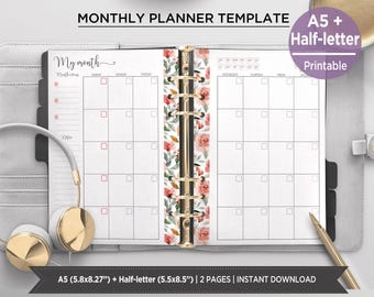 Boho Rose Monthly Planner Inserts | Month on 2 Pages | Dusty Rose Floral Calendar | A5 & Half-Letter. PIRF