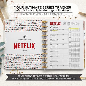 May include: A disc-bound planner insert for tracking television shows and movies, featuring a Netflix tracker page with colorful confetti borders, episode logs, and star ratings. The text includes "YOUR ULTIMATE SERIES TRACKER" and "A4 + LETTER PDF".