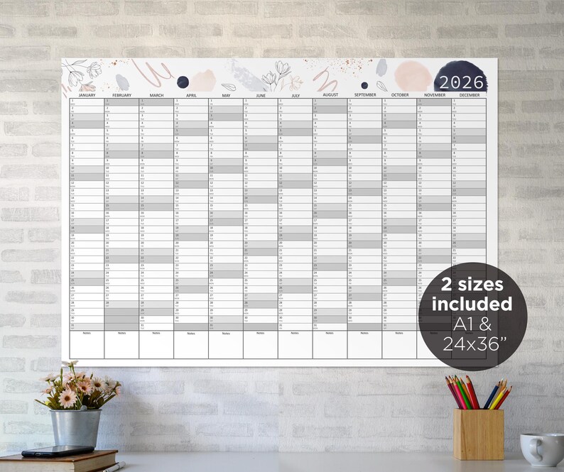 2026 Year Planner Printable, Aesthetic Art | 2026 Wall Calendar, Sized ...