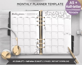 Vintage Monthly Planner Printable | A5 & Half Letter Planner Inserts | Undated 2-Page Monthly Calendar PIBJ