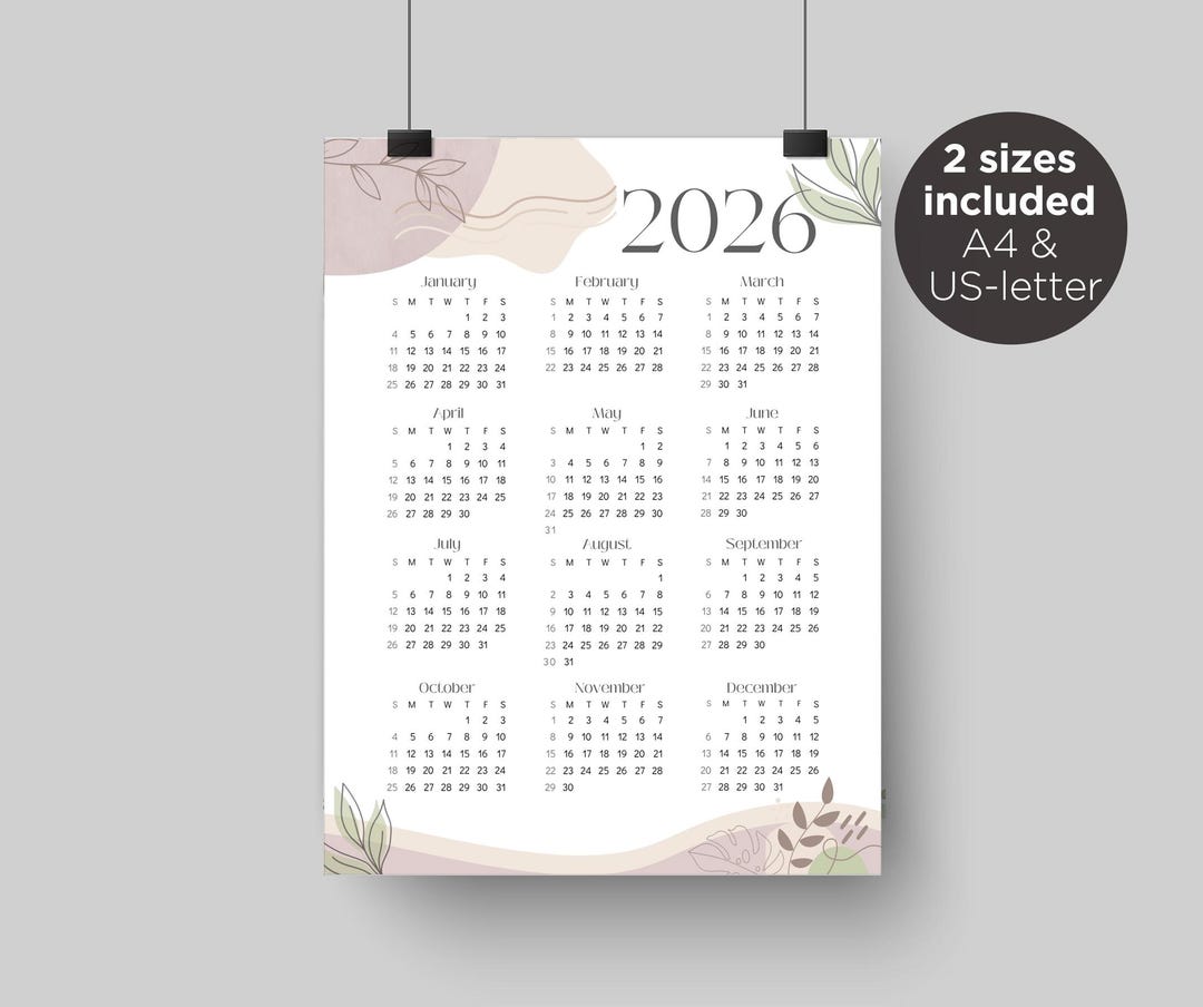 Printable 2026 Calendar, Aesthetic Art. Yearly Calendar 2026 in A4 and ...