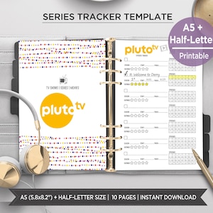 May include: A gray A5 planner with a series tracker template. The planner features a Pluto TV logo, a section to track TV shows, and the text "SERIES TRACKER TEMPLATE". The planner includes a half-letter size printable and the text "A5 (5.8x8.2") + HALF-LETTER SIZE | 10 PAGES | INSTANT DOWNLOAD".