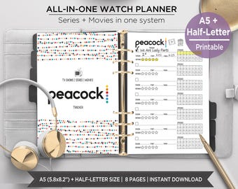 Series Tracker Printable A5 | All-in-One TV Planner | Series & Movie Tracker, Watch List, Review Pages | A5 and Half Letter Inserts. EST