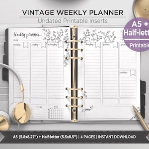 May include: A vintage weekly planner with undated printable inserts in A5 and half-letter sizes. The planner features black and white floral illustrations, daily columns, and a gold six-ring binder mechanism. Text includes VINTAGE WEEKLY PLANNER, A5 + Half-letter Printable, and A5 (5.8x8.27") + Half-letter (5.5x8.5") | 4 PAGES | INSTANT DOWNLOAD.