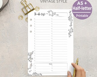 Vintage To Do List Planner Inserts | Task List Printable A5 & Half Letter | Minimal Daily To Do Page. PIBJ
