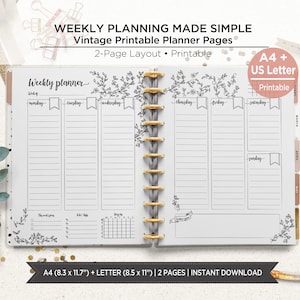 May include: A white, open planner with a gold spiral binding. The planner features a weekly layout with floral accents and the text "Weekly planner." The top of the planner reads "WEEKLY PLANNING MADE SIMPLE." The planner is A4 (8.3 x 11.7") + LETTER (8.5 x 11") and has 2 pages.
