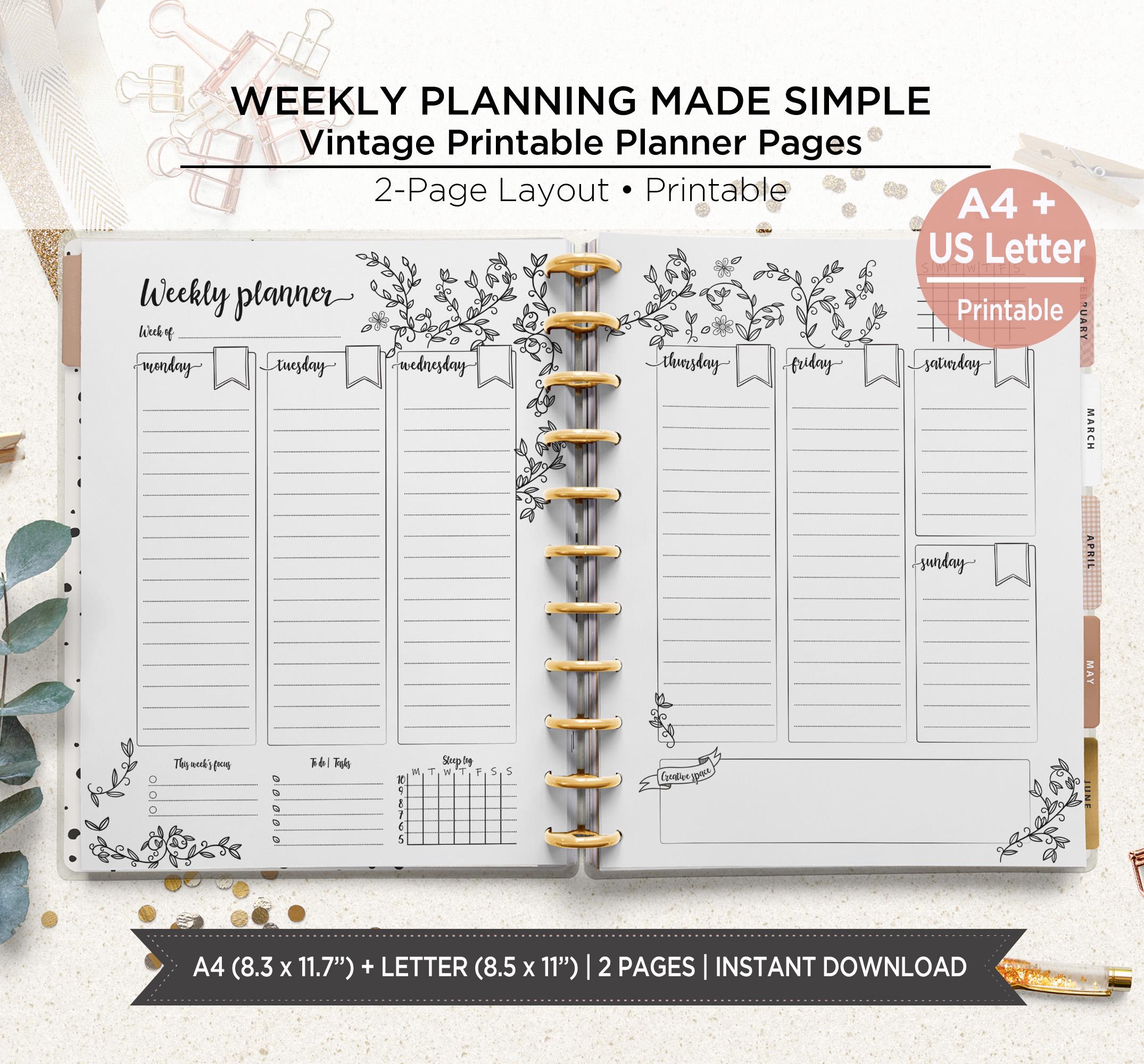 Vintage Weekly Planner Printable | Weekly Planner Inserts A4 & Letter ...