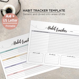 May include: Two printable habit tracker templates on a white surface. The templates include sections for tracking habits, goals, and monthly reviews. Text on the templates includes "Habit Tracker Template" and "A4 + US Letter Printable".