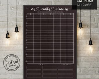 Chalkboard Weekly Wall Planner with Time Slots | Hourly Schedule Printable 24x36 & A1 | Productivity Calendar