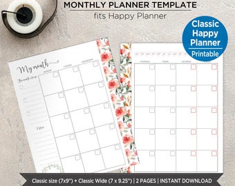 Boho Rose Monthly Planner Inserts | Month on 2 Pages | Dusty Rose Floral Calendar | Classic & Classic Wide. PIRF