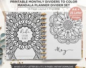 Monthly Planner Dividers Printable | 12 Month Mandala Coloring Covers | A4 & Letter Planner Dividers | Printable Dashboard Set. PIBJ