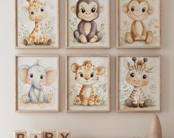 May include: Set of six framed prints featuring cute cartoon animals, including a giraffe, monkey, elephant, lion, zebra, and a monkey. Each print has a light brown background with a white border and features a different animal in a watercolor style.