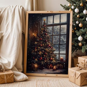 Moody Vintage Christmas Tree Painting, Dark Cottagecore, Printable Holiday Art, Dark Festive Wall Art, Moody Christmas Tree, Digital Artwork