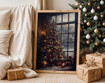 Moody Vintage Christmas Tree Painting, Dark Cottagecore, Printable Holiday Art, Dark Festive Wall Art, Moody Christmas Tree, Digital Artwork