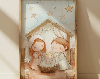 Krippe Kinderzimmer Illustration, Weihnachtskrippe, Weihnachtskrippe, Wandbild Aquarell, Aquarell Illustrationen zum Ausdrucken