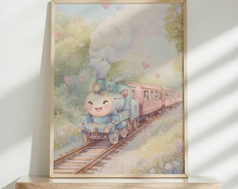 Train Nursery Wall Art, Train Wall Decor, Cute Watercolor Nursery Print, Gender Neutral Nursery Print, Digital Download, Train Prints