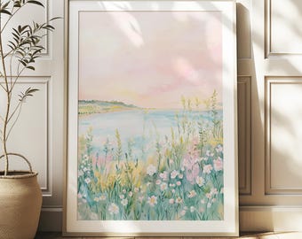 Bloemenkunstprint, veldlandschap met wilde bloemen aan de kust, vintage zomerstrand print, decor boerderij, afdrukbare muurkunst, zomerprint