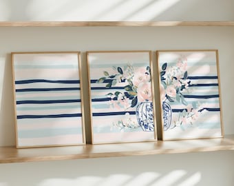 Set di tre stampe da parete preppy blu, stampe artistiche costiere stampabili, arredamento moderno per la casa, download immediato, estetica moderna per la casa, stampa digitale
