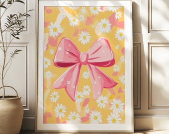 Trendy Pink Bow Wall Art, Preppy Decor, College Apartment, Watercolor Bows Print, Coquette Aesthetic, Digital Download, Aesthetic Print