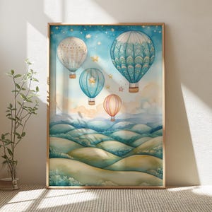 Blue Hot Air Balloon Wall Art Print, Vintage Nursery Decor, Kids Room Wall Decor, Printable Travel Art, Minimal Nursery Decor, Printable Art