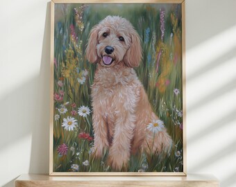 Labradoodle and Flowers Wall Art, Adorable Dog Art Print, Nature-Inspired Decor, Unique Gift for Pet Lovers