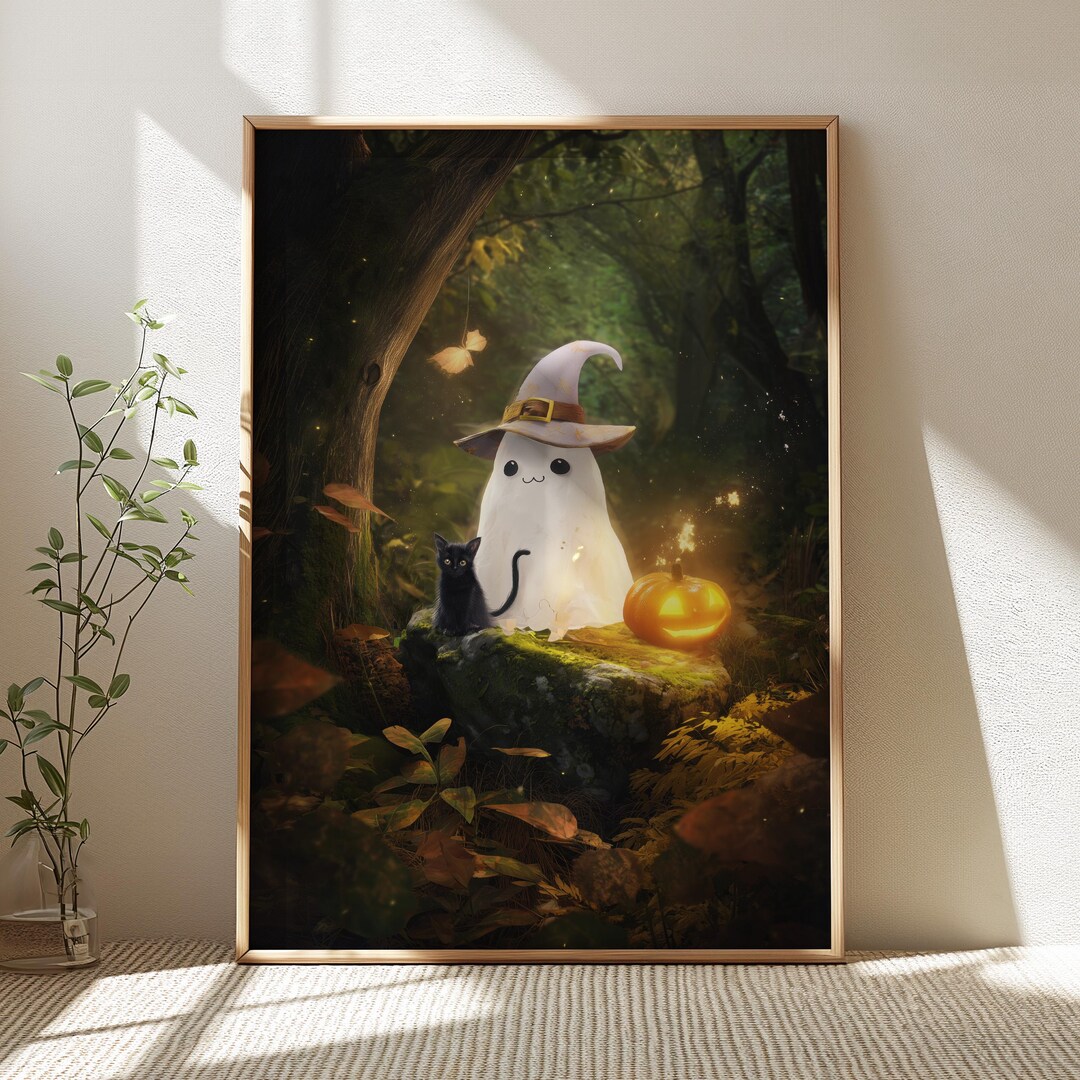 Printable Halloween Wall Art, Cute Ghost & Black Cat in Dark Forest ...