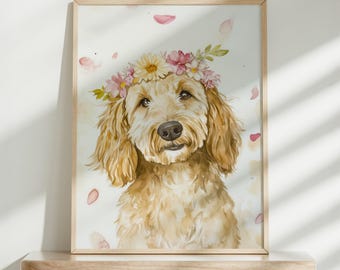 Labradoodle and Flowers Wall Art, Whimsical Dog Floral Decor, Nature Poster, Perfect Gift for Animal Lovers