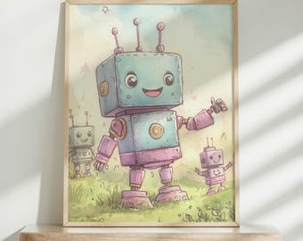 Roboter Wandkunst, Spielzimmer Dekor, Kinderzimmer Drucke, digitaler Download, Retro Roboter Druck, Kinderzimmer Kunst, Gender Neutral Dekor, Kinder Spielzimmer Kunst