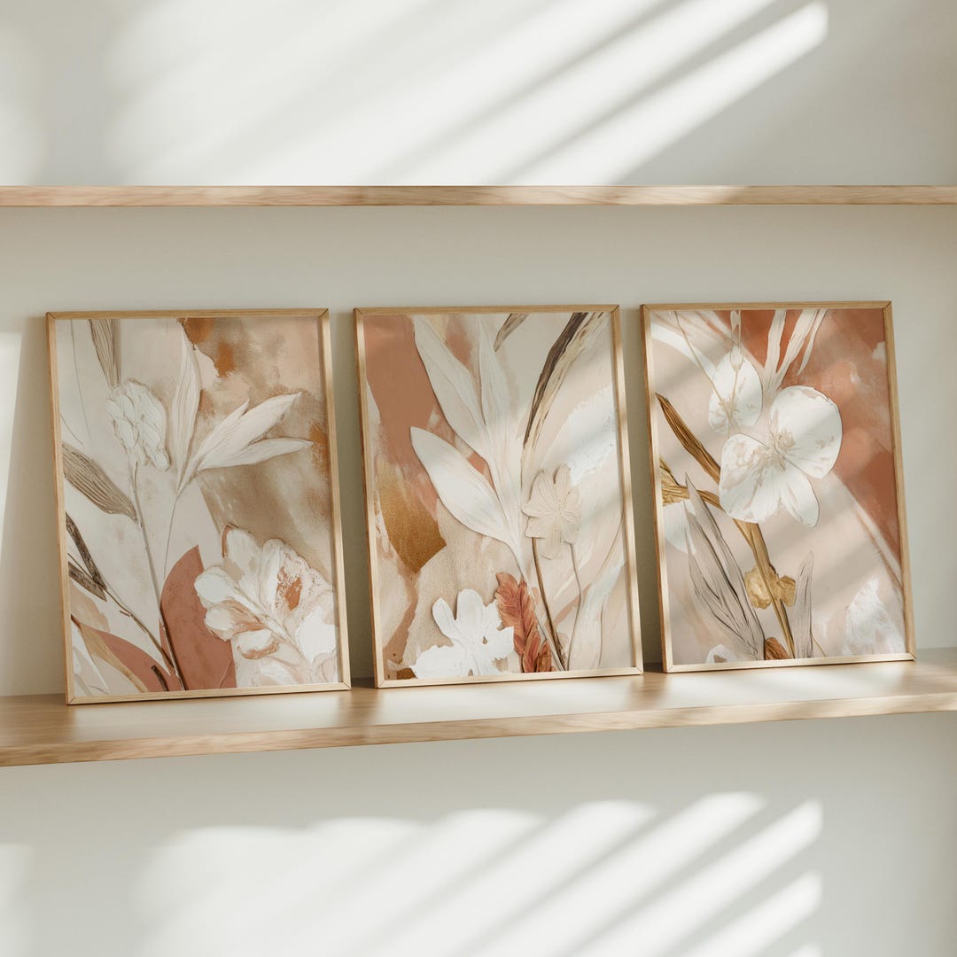Set of 3 Terracotta Prints, Boho Abstract Floral Art, Vintage Art Print ...