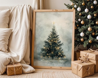 Vintage Christmas Tree Print, Dark Festive Wall Art, Moody Holiday Decor, Printable Christmas Art, Dark Cottagecore, Printable Holiday Art