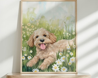 Labradoodle and Flowers Wall Art, Beautiful Dog Nature Art, Floral Decor for Home, Great Gift for Dog Lovers